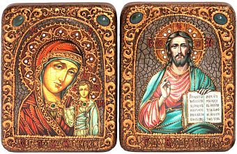 Венчальная пара подарочных икон ''Казанская икона Божией Матери'' и ''Господь Вседержитель'' на мореном дубе