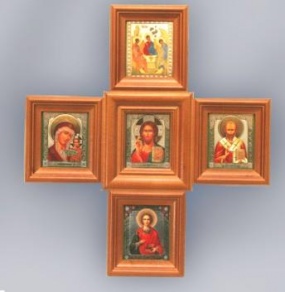 Икона-Крест, Икона в киоте   6х7 многоместная №2, двойное тиснение, 5 икон