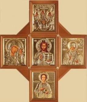 Икона-Крест, Икона в киоте 11х13 многоместная, 5 икон, риза