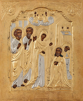 Икона живописная преподобного Сергия Радонежского 22х26, масло, риза №52, золочение Икона живописная преподобного Сергия Радонежского 22х26, масло, риза №52, золочение