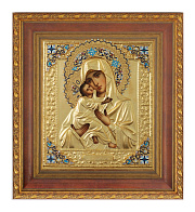 Икона живописная в киоте 24х30 масло, риза №6, матовое глянцевое золочение, эмаль, киот №22 Владимирская БМ Икона живописная в киоте 24х30 масло, риза №6, матовое глянцевое золочение, эмаль, киот №22 Владимирская БМ