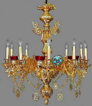 Паникадило 1 ярус 10 свечей с лампадами золочение, эмаль Паникадило 1 ярус 10 свечей с лампадами золочение, эмаль