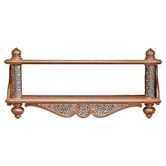 Полка под иконы 2-х ярусная прямая из дерева с басмой Полка под иконы 2-х ярусная прямая из дерева с басмой