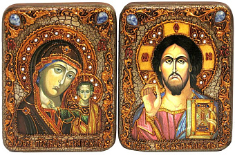 Венчальная пара подарочных икон ''Казанская икона Божией Матери'' и ''Господь Вседержитель'' на мореном дубе