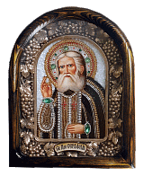 Икона св.прп.Серафим Саровский бисер, багет, в деревянной раме