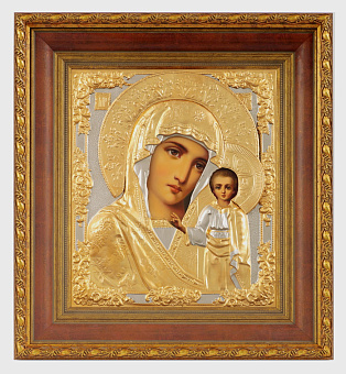 Икона живописная в киоте 24х30 масло, риза № 17, матовое золочение, киот №22 Казанская БМ Икона живописная в киоте 24х30 масло, риза № 17, матовое золочение, киот №22 Казанская БМ