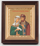 Икона в киоте 11х13 сложный, темпера, рамка золочёная Петр и Феврония 1 Икона в киоте 11х13 сложный, темпера, рамка золочёная Петр и Феврония 1