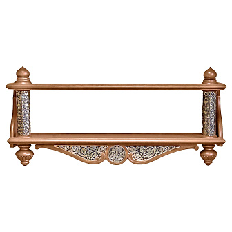 Полка под иконы 2-х ярусная прямая из дерева с басмой Полка под иконы 2-х ярусная прямая из дерева с басмой