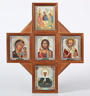 Икона в киоте 11х13 многоместная, двойное тиснение, 5 икон Троица Спаситель Казанская Н.Чудотворец Матрона