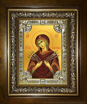 Икона Божия Матерь Семистрельная в деревянном киоте