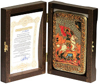 Настольная икона ''Чудо святого Георгия о змие'' на мореном дубе