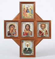 Икона-Крест в киоте 11х13 многоместная, двойное тиснение, 5 икон