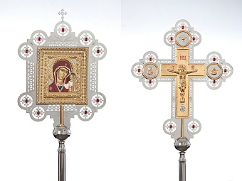 Крест-икона №2-4 запрестольная двухст.с гальванопл.накл. камни никель ч / золочение Крест-икона №2-4 запрестольная двухст.с гальванопл.накл. камни никель ч / золочение