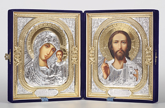 Cкладень "Господь Вседержитель, Богородица Казанская", объемная риза №1, бархат, фото, 18х24 см Cкладень "Господь Вседержитель, Богородица Казанская", объемная риза №1, бархат, фото, 18х24 см