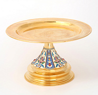 Дискос с поддискосником / ф240мм-конус потира 0, 5л / филигрань, эмаль, роспись, ручная гравировка / золочение Дискос с поддискосником / ф240мм-конус потира 0, 5л / филигрань, эмаль, роспись, ручная гравировка / золочение