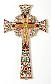 Крест напрестольный №17 литьевое распятие, филигрань, эмаль, лазерная гравировка, золочение Крест напрестольный №17 литьевое распятие, филигрань, эмаль, лазерная гравировка, золочение