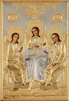 Икона живописная Святой Троицы 50х70, масло, риза №85, золочение Икона живописная Святой Троицы 50х70, масло, риза №85, золочение