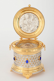 Ковчег для частиц святых мощей круглый малый золочение никель камни Ковчег для частиц святых мощей круглый малый золочение никель камни