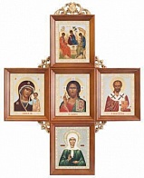 Крест-икона Троица, Спаситель, Казанская, Николай Чудотворец, Матрона Московская в деревянной рамке
