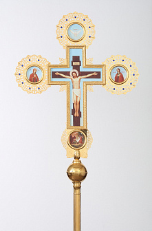 Крест-икона № 40 запрестольная выпиловка гравировка фото на пластике золочение камни