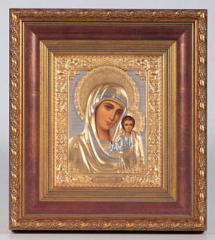 Икона живописная в киоте 18х24 темпера, риза №244 част / золочёная, багетный подрамник и рубашка Казанская БМ Икона живописная в киоте 18х24 темпера, риза №244 част / золочёная, багетный подрамник и рубашка Казанская БМ