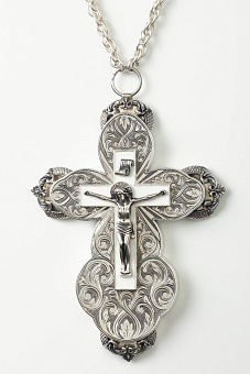 Крест мощевик большой ручная гравировка,литьевое распятие,эмаль №10 серебро