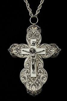 Крест мощевик большой ручная гравировка,литьевое распятие,эмаль №10 серебро