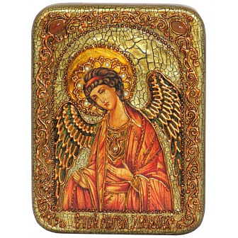 Икона ''Ангел-Хранитель'' ручной работы из дуба с натуральными камнями