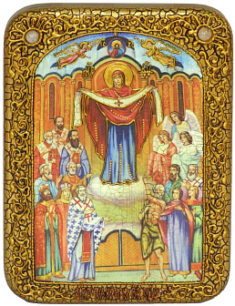 Икона Покров Богородицы ручной работы из дуба