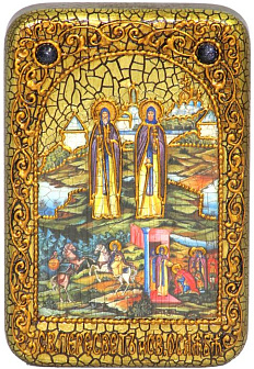 Настольная икона ''Святые преподобные Александр (Пересвет) и Андрей (Ослябя) Радонежские'' на мореном дубе