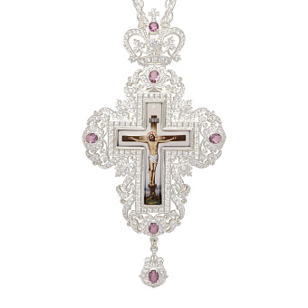 Крест наперсный №222 / Фианиты деколь / серебрение Крест наперсный №222 / Фианиты деколь / серебрение