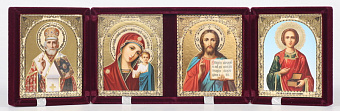 Складень в футляре 9х12 бархат, конгрев, 4 иконы Спаситель-Казанская БМ-Н.Чудотворец-Пантелеймон Складень в футляре 9х12 бархат, конгрев, 4 иконы Спаситель-Казанская БМ-Н.Чудотворец-Пантелеймон
