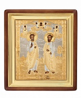 Икона живописная в киоте 24х30 масло, объемная риза №235 золочение, золоченый подрамник Петр и Павел