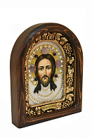 Икона Спас Нерукотворный из бисера в деревянном киоте со стеклом