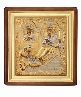 Икона живописная в киоте 60х70 масло, объемная риза №186 золочение, золоченый подрамник Рождество Богородицы