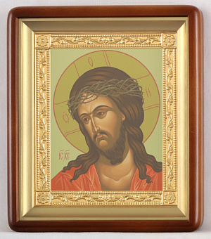 Икона в киоте 18х24 фигурный, темпера, рамка золочёная Спас в терновом венце Икона в киоте 18х24 фигурный, темпера, рамка золочёная Спас в терновом венце