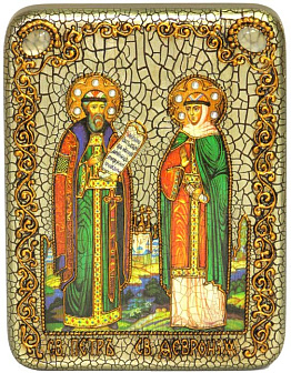 Икона ''Петр и Феврония'' ручной работы в декоративном деревянном футляре