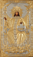 Икона живописная в ризе 75х130 масло, объемная риза №181, золочение Спас на троне