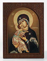 Икона на дереве 25х35 изображение арочное, ковчег с резным обрамлением, упаковка Владимирская БМ Икона на дереве 25х35 изображение арочное, ковчег с резным обрамлением, упаковка Владимирская БМ