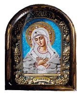 Икона Пресвятая Богородица Умиление, ткань, бисер, багет, в деревянной раме
