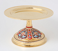 Дискос с поддискосником / ф240мм-потир 1, 0л "№4" / филигрань, эмаль, чеканка, ручная гравировка / золочение Дискос с поддискосником / ф240мм-потир 1, 0л "№4" / филигрань, эмаль, чеканка, ручная гравировка / золочение