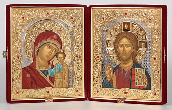 Cкладень "Господь Вседержитель, Богородица Казанская", бархат, темпера, никель, золото, позолота, никелирование, 18х24 см Cкладень "Господь Вседержитель, Богородица Казанская", бархат, темпера, никель, золото, позолота, никелирование, 18х24 см