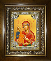 Икона освященная Божия Матерь Троеручица в деревянном киоте