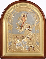 Икона живописная в киоте 24х30 масло объемная риза № 86 золочение золоченый подрамник арочный киот Воскресение Христово