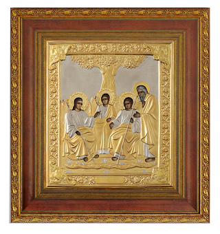 Икона живописная в киоте 24х30 масло, риза №228, матовое золочение, киот №22 Троица Икона живописная в киоте 24х30 масло, риза №228, матовое золочение, киот №22 Троица