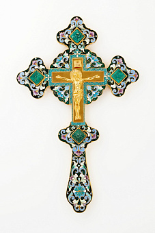 Крест напрестольный фигурный литьевое распятие, эмаль / золочение Крест напрестольный фигурный литьевое распятие, эмаль / золочение