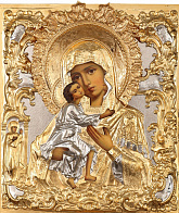 Икона Пресвятой Богородицы ФЕОДОРОВСКАЯ (РУКОПИСНАЯ, РИЗА, ЗОЛОЧЕНИЕ)