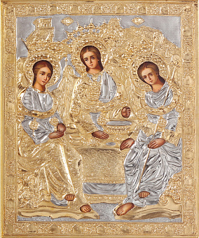 Икона живописная Святой Троицы 18х24, масло, риза №273, золочение Икона живописная Святой Троицы 18х24, масло, риза №273, золочение