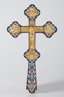 Крест напрестольный №6 сложный малый лики, литьевое распятие, филигрань, эмаль, хим.гравировка / золочение Крест напрестольный №6 сложный малый лики, литьевое распятие, филигрань, эмаль, хим.гравировка / золочение