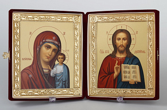 Складень в футляре 18х24 бархат, темпера, рамка золоченая Спаситель-Казанская БМ 1 Складень в футляре 18х24 бархат, темпера, рамка золоченая Спаситель-Казанская БМ 1